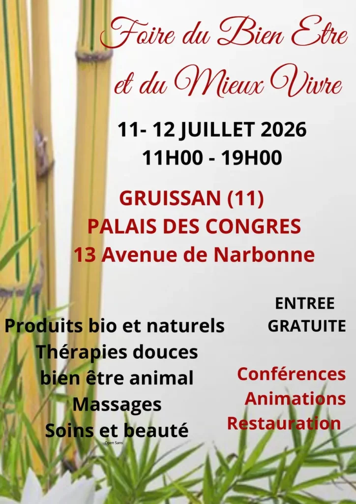 Participation au Salon du Bien-Être et du Mieux Vivre les 11 et 12 juillet 2026 au Palais des Congrès de Gruissan, près de Narbonne
