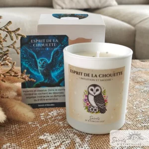 bougie animaux totems Chouette avec cire végétale de soja, parfum de Grasse, fabriquée en Occitanie, dans l'Aude, à Saint Marcel sur Aude près de Narbonne