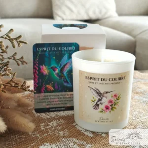 bougie animaux totems Colibri avec cire végétale de soja, parfum de Grasse, fabriquée en Occitanie, dans l'Aude, à Saint Marcel sur Aude près de Narbonne