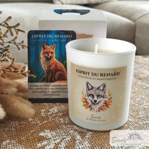 bougie animaux totems Renard avec cire végétale de soja, parfum de Grasse, fabriquée en Occitanie, dans l'Aude, à Saint Marcel sur Aude près de Narbonne