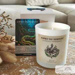 bougie animaux totems Serpent avec cire végétale de soja, parfum de Grasse, fabriquée en Occitanie, dans l'Aude, à Saint Marcel sur Aude près de Narbonne