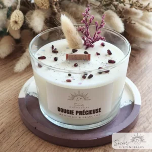 bougie artisanale Narbonne, cire de soja, fragrance de Grasse, cristaux et lithothérapie, fleurs séchées, à St Marcel sur Aude près de Narbonne