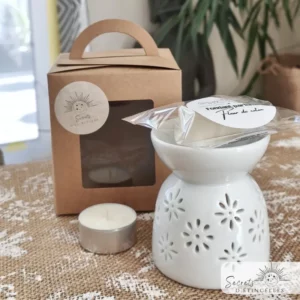 coffret avec bruleur, fondant parfumé, bougie chauffe plat, fabriqué en Occitanie, dans l'Aude, à Saint Marcel sur Aude près de Narbonne